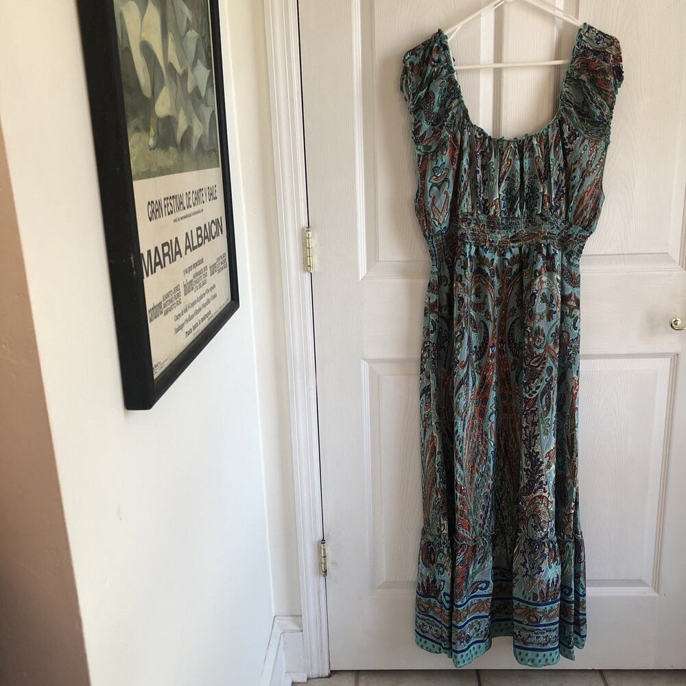 Maxi Tiered Sleeveless Peasant style Lg Silky paisley Ellen Weaver Boho festival